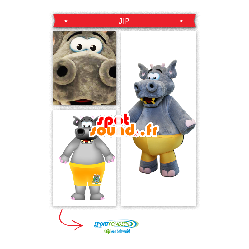 Mascotte de gros hippopotame gris avec un maillot jaune - MASFR20308 - Mascottes Hippopotame Mascotte de gros hippopotame gris avec un maillot jaune - MASFR20308 - Mascottes Hippopotame