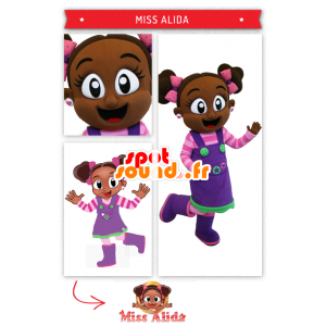 Mascotte de fillette africaine, en tenue rose et violette - MASFR20314 - Mascottes Enfant