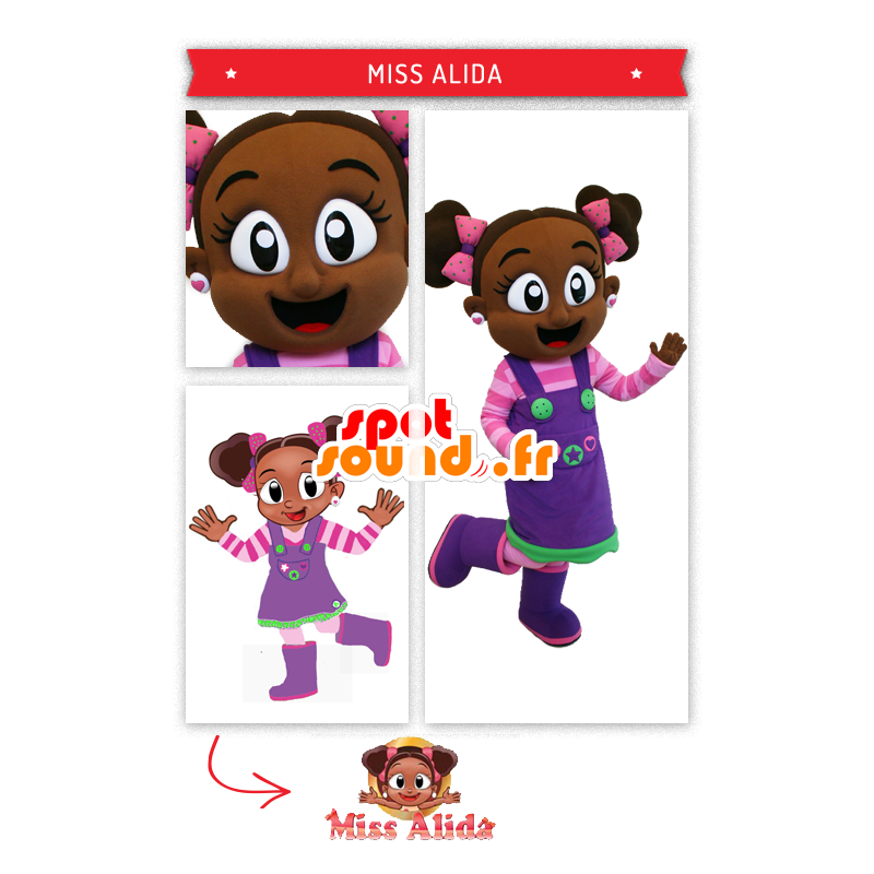 Afrikansk pige maskot, i lyserød og lilla tøj - Spotsound Afrikansk pige maskot, i lyserød og lilla tøj - Spotsound