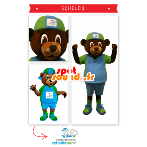 A brown bear mascot holding green and blue - MASFR20332 - Bear mascot