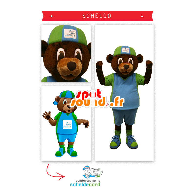 Hnědé medvěd maskot v zeleném oblečení a modré - MASFR20332 - Bear Mascot Hnědé medvěd maskot v zeleném oblečení a modré - MASFR20332 - Bear Mascot