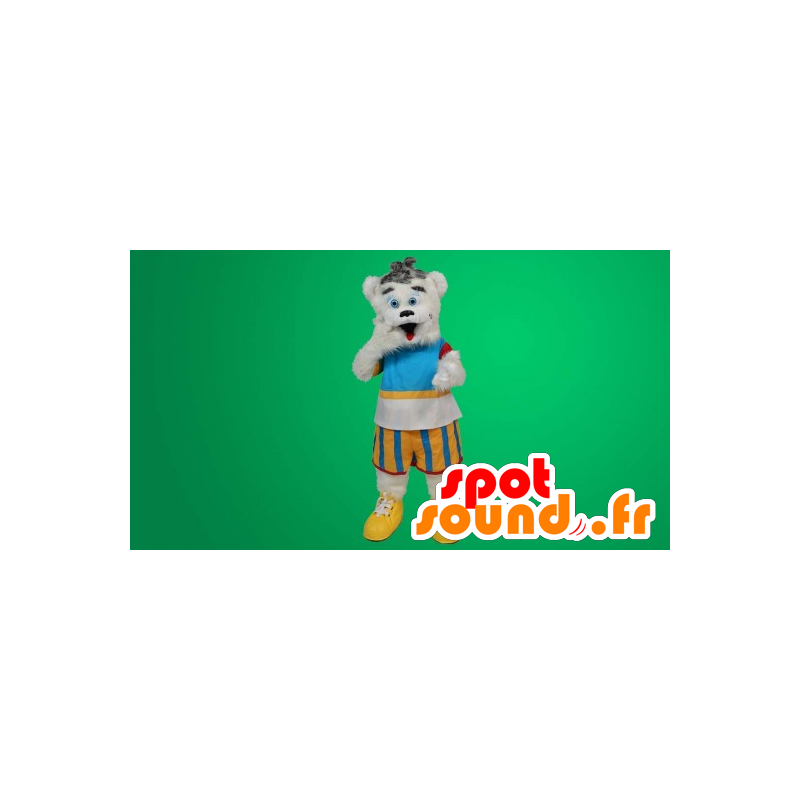 White Teddy Mascot colorful outfit - MASFR20337 - Bear mascot White Teddy Mascot colorful outfit - MASFR20337 - Bear mascot