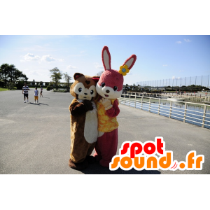 Mascotte de lapin rose et de cochon d'Inde marron - MASFR20339 - Mascottes Cochon