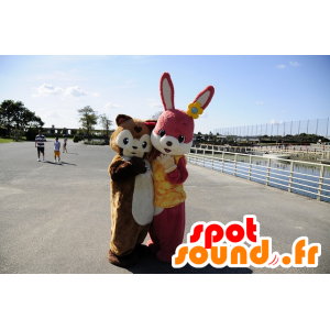 Pink rabbit mascot and chestnut pig - MASFR20339 - Mascots pig
