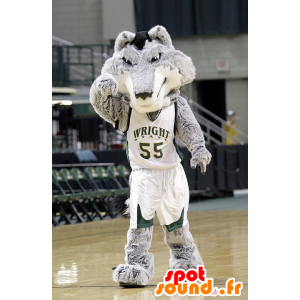 Mascot grå og hvit ulv kledd i basketball - MASFR20357 - Wolf Maskoter