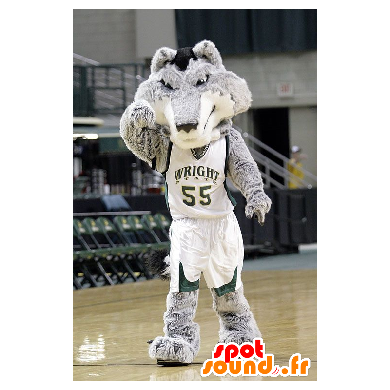 Mascot grå og hvit ulv kledd i basketball - MASFR20357 - Wolf Maskoter Mascot grå og hvit ulv kledd i basketball - MASFR20357 - Wolf Maskoter