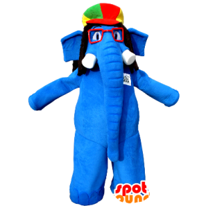 Blue elephant mascot with glasses and a colorful hat - MASFR20358 - Elephant mascots