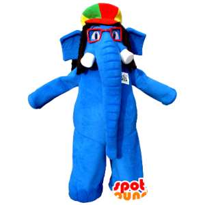 Elefante blu mascotte con gli occhiali e un cappello colorato - MASFR20358 - Mascotte elefante