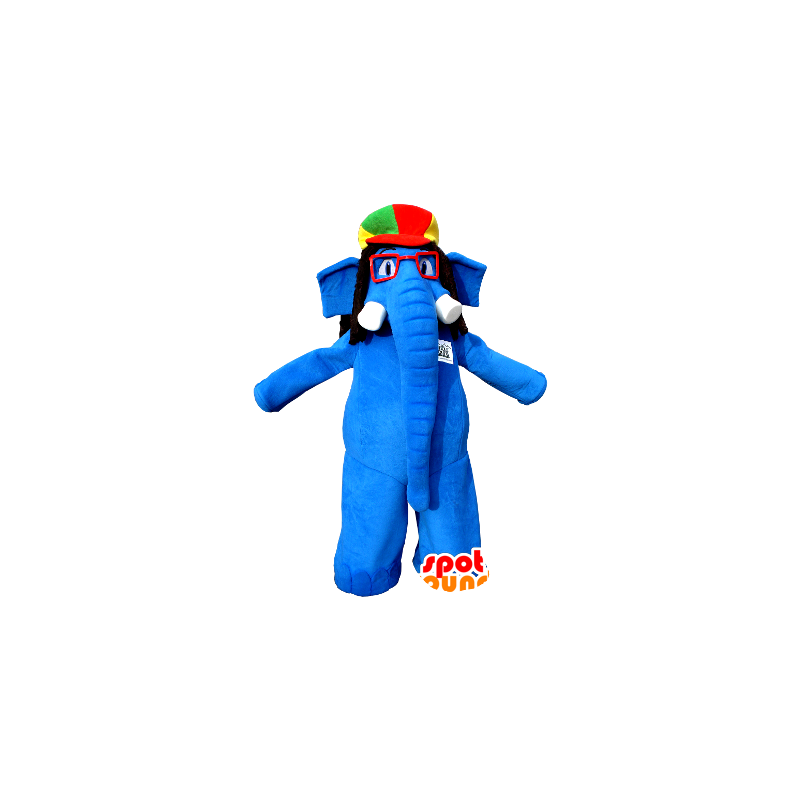 Blauwe olifant mascotte met een bril en een kleurrijke hoed - MASFR20358 - Elephant Mascot