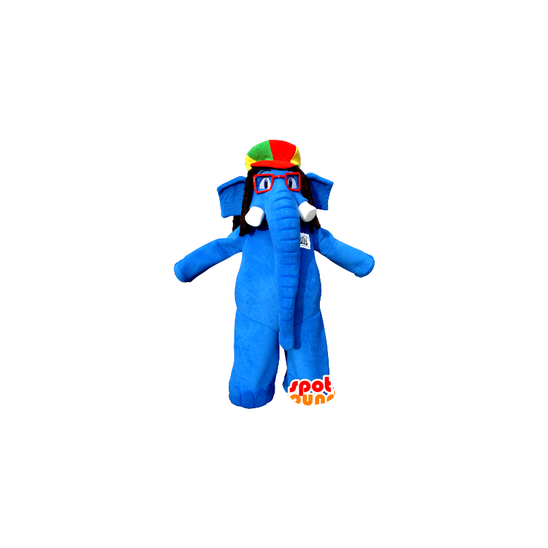Blue elephant mascot with glasses and a colorful hat - MASFR20358 - Elephant mascots