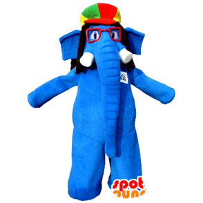 Azul elefante mascote com vidros e um chapéu colorido - MASFR20358 - Elephant Mascot