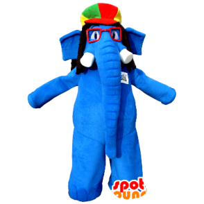 Blauwe olifant mascotte met een bril en een kleurrijke hoed - MASFR20358 - Elephant Mascot