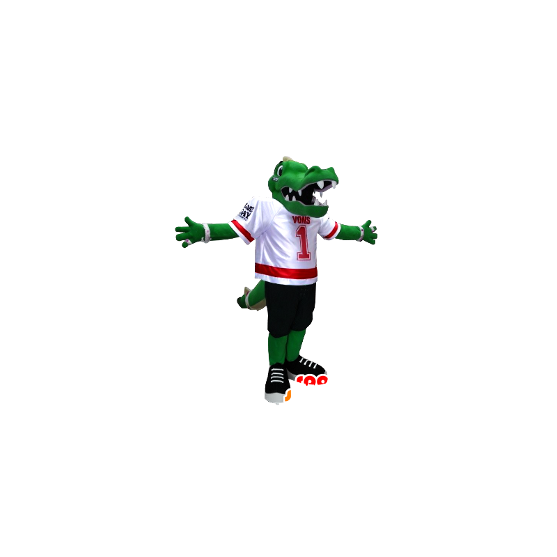 Mascota del cocodrilo verde vestido con el fútbol americano - MASFR20363 - Mascota de cocodrilos