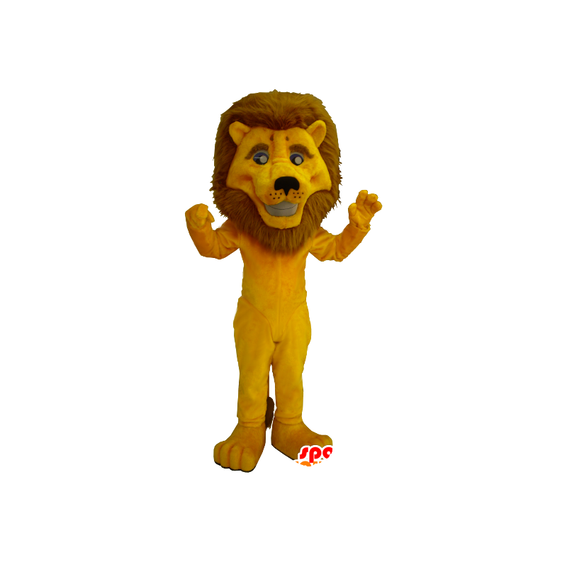 Gul lejonmaskot med en stor man - Spotsound maskot