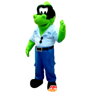 Calças de brim dinossauro mascote verdes com uma camisa azul - MASFR20368 - Mascot Dinosaur