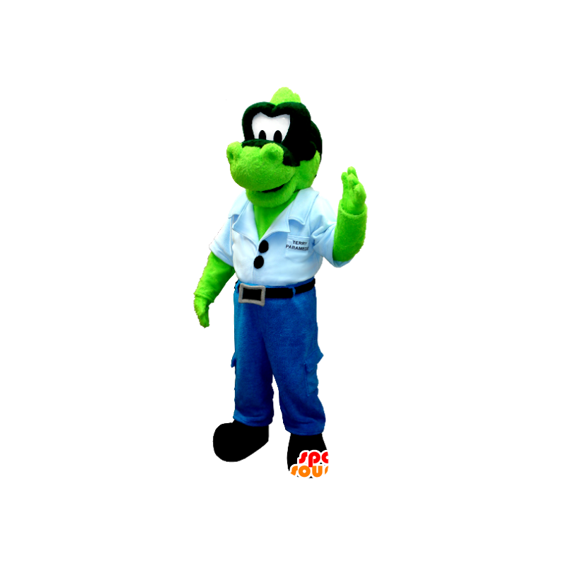 Groene dinosaurus mascotte jeans met een blauw overhemd - MASFR20368 - Dinosaur Mascot