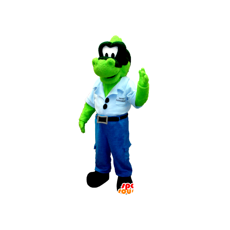 Zielony dinozaur maskotka jeansy z niebieską koszulę - MASFR20368 - dinozaur Mascot