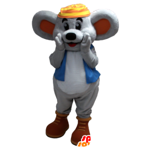 Glimlachend grijze muis mascotte met een blauwe vest - MASFR20370 - Mouse Mascot