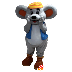 Sorridente grigio topo mascotte con un giubbotto blu - MASFR20370 - Mascotte del mouse