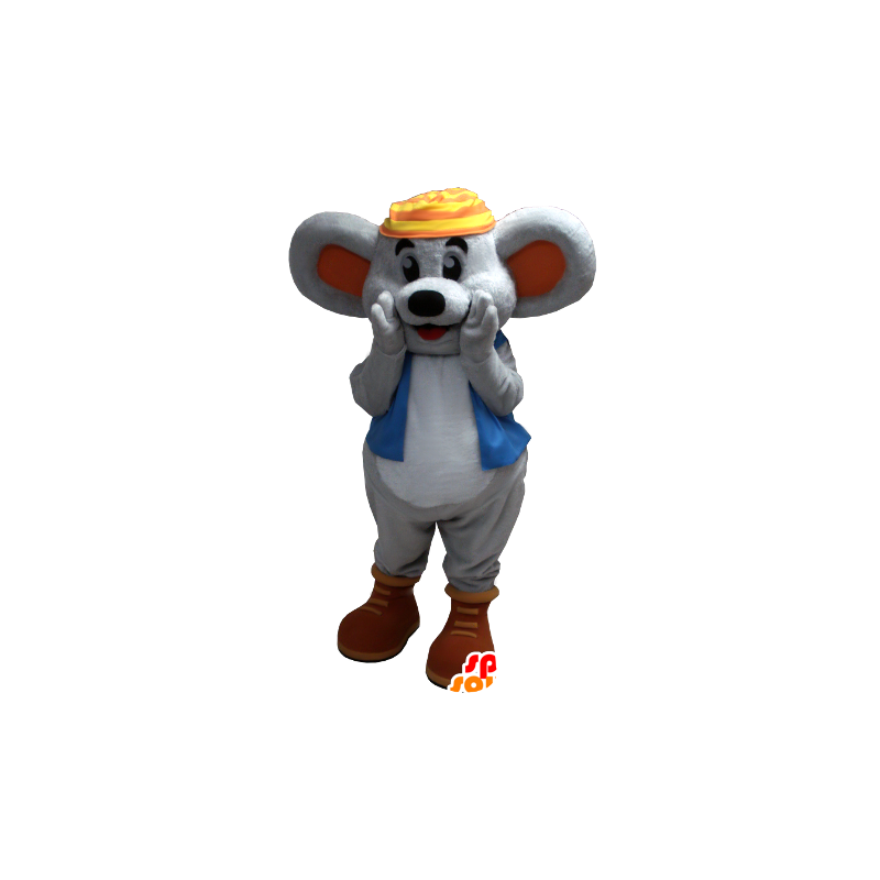 Glimlachend grijze muis mascotte met een blauwe vest - MASFR20370 - Mouse Mascot