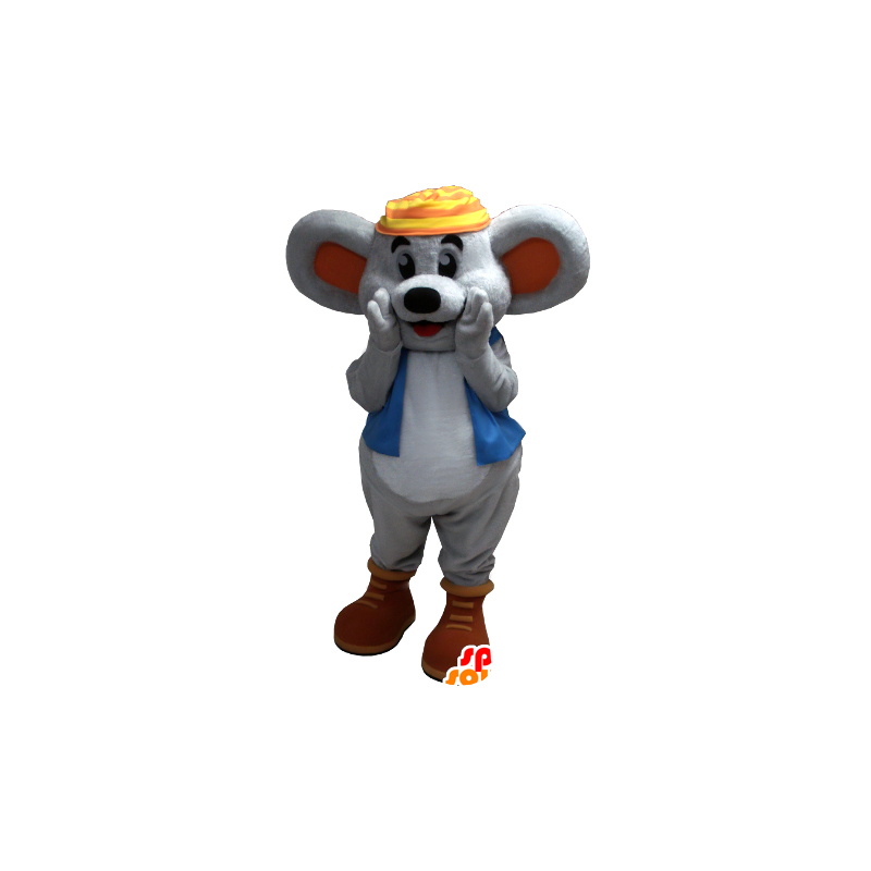 Mascotte de souris grise souriante avec un gilet bleu - MASFR20370 - Mascotte de souris