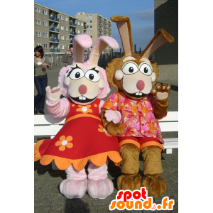 Kaninpar maskotter, lyserøde og brune - Spotsound maskot kostume