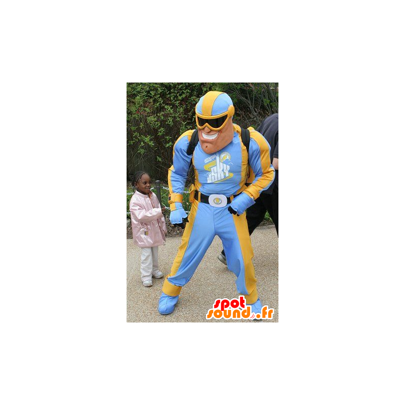 Supereroe mascotte in abito blu e giallo - MASFR20395 - Mascotte del supereroe