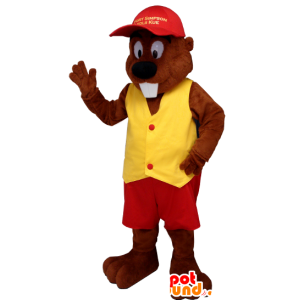 Bever mascotte gekleed in rood en geel - MASFR20399 - Beaver Mascot
