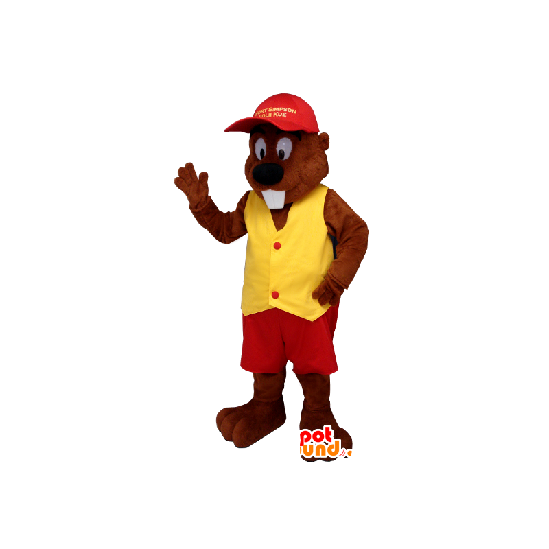 Beaver Maskottchen in rot und gelb gekleidet - MASFR20399 - Biber Maskottchen