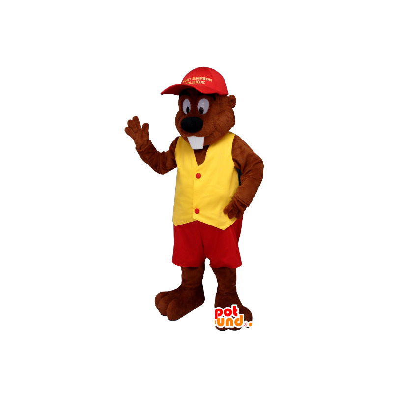 Bever mascotte gekleed in rood en geel - MASFR20399 - Beaver Mascot