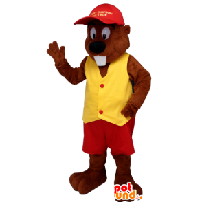 Bobr maskot oblečený v červené a žluté - MASFR20399 - Beaver Maskot