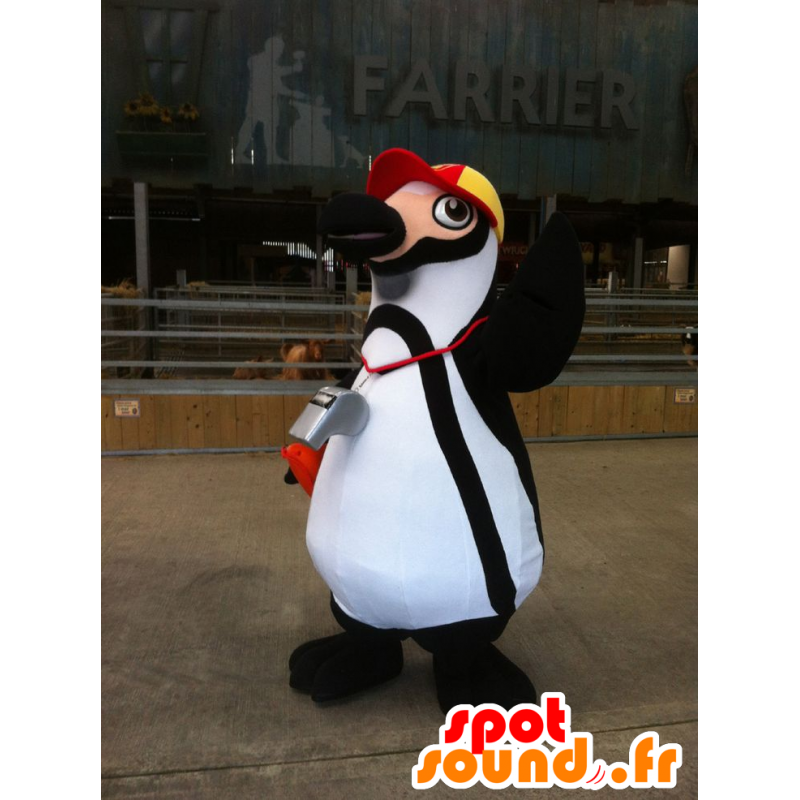 In bianco e nero mascotte pinguino con un berretto - MASFR20403 - Mascotte pinguino