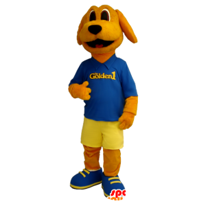 Mascote laranja cão vestido em azul e amarelo - MASFR20406 - Mascotes cão