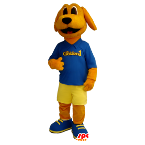 Oranje hond mascotte gekleed in blauw en geel - MASFR20406 - Dog Mascottes