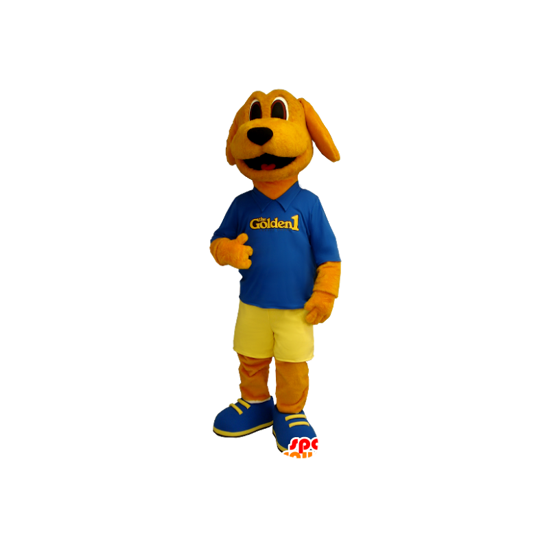 Orange dog mascot dressed in blue and yellow - MASFR20406 - Dog mascots