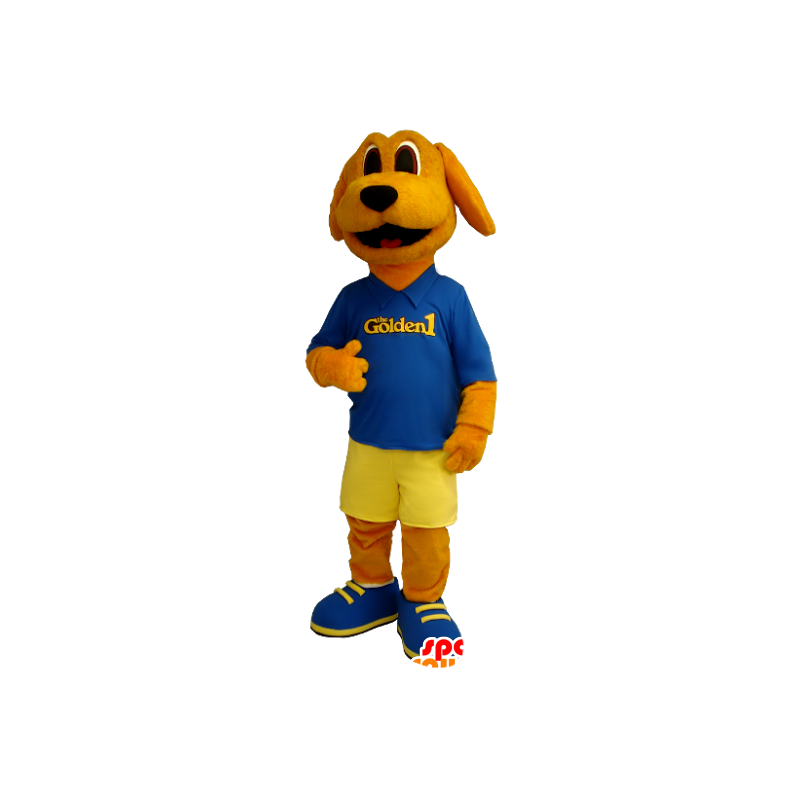 Orange hund maskot kledd i blått og gult - MASFR20406 - Dog Maskoter