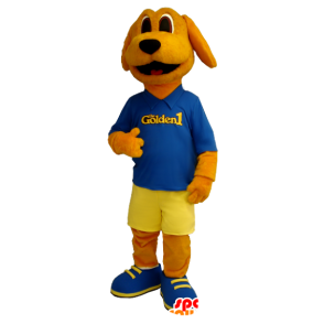 Mascotte de chien orange habillé en bleu et jaune - MASFR20406 - Mascottes de chien