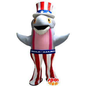 Mascot lohta, harmaa ja vaaleanpunainen kala pitämällä Amerikkalainen - MASFR20409 - kala Maskotteja