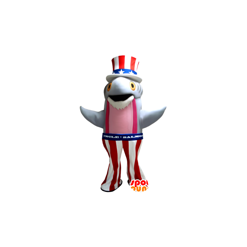 Mascot salmão, cinza e peixe rosa segurando americano - MASFR20409 - mascotes peixe