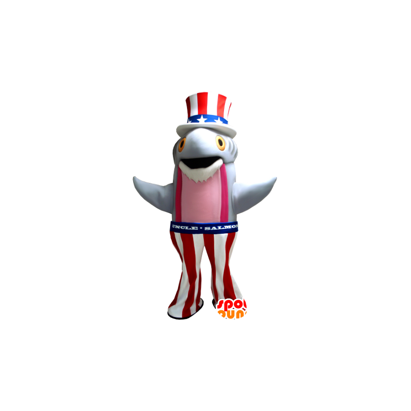 Mascotte salmon, gray and pink fish holding American - MASFR20409 - Mascots fish