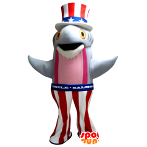 Mascotte Lachs, grauen und rosa Fische Holding amerikanische - MASFR20409 - Maskottchen-Fisch