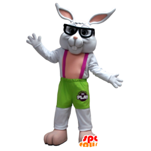 Mascotte de lapin blanc, vert et rose avec des lunettes - MASFR20412 - Mascotte de lapins