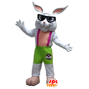 White rabbit mascot, green and pink with glasses - MASFR20412 - Rabbit mascot