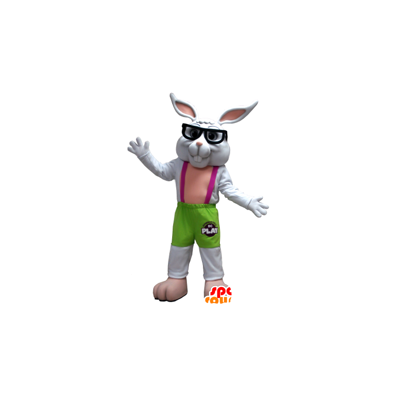 Weißes Kaninchen Maskottchen, grün und rosa mit Brille - MASFR20412 - Hase Maskottchen