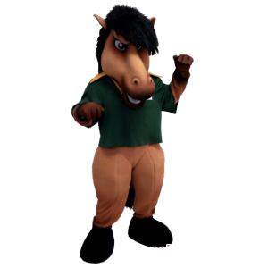 Maskot hnědý a černý kůň, zeleným pólo - MASFR20416 - kůň maskoti