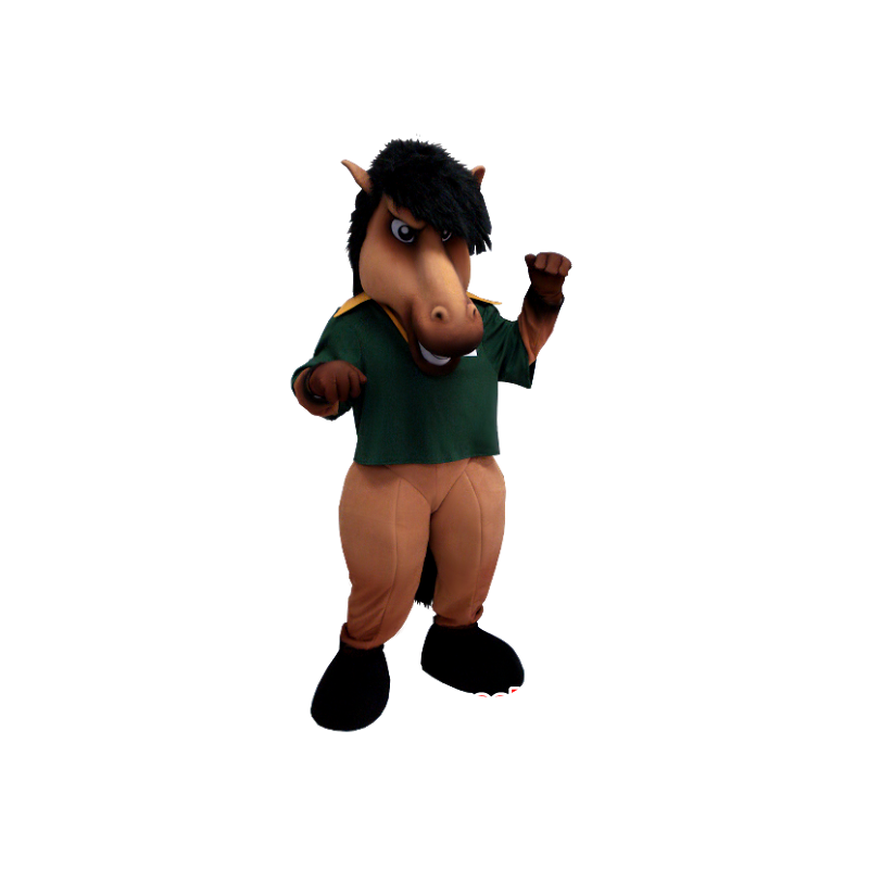 Mascot cavalo marrom e preto, com um pólo verde - MASFR20416 - mascotes cavalo Mascot cavalo marrom e preto, com um pólo verde - MASFR20416 - mascotes cavalo