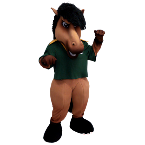 Maskot hnědý a černý kůň, zeleným pólo - MASFR20416 - kůň maskoti
