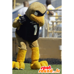Mascotte grande beige y pájaro amarillo en ropa deportiva - MASFR20417 - Mascota de aves