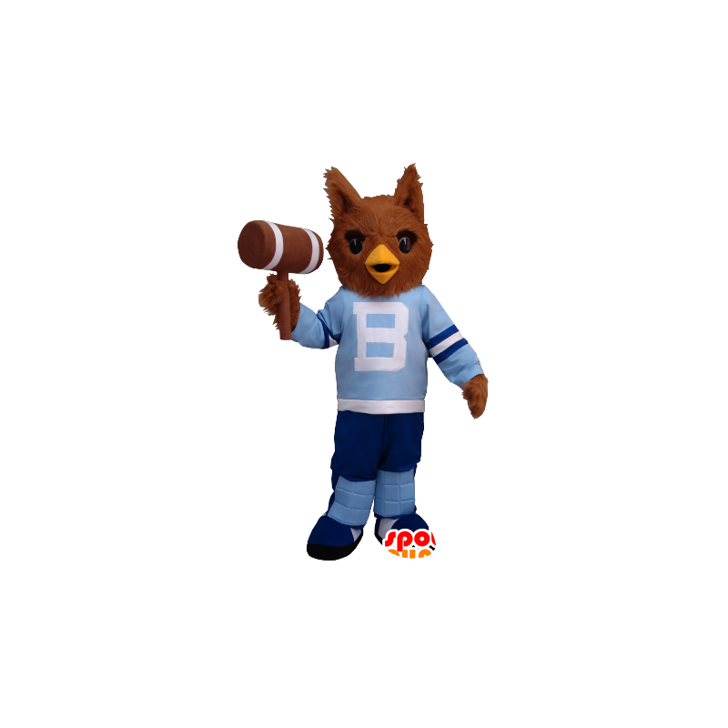 Brown Owl mascot in blue outfit - MASFR20418 - Mascot of birds