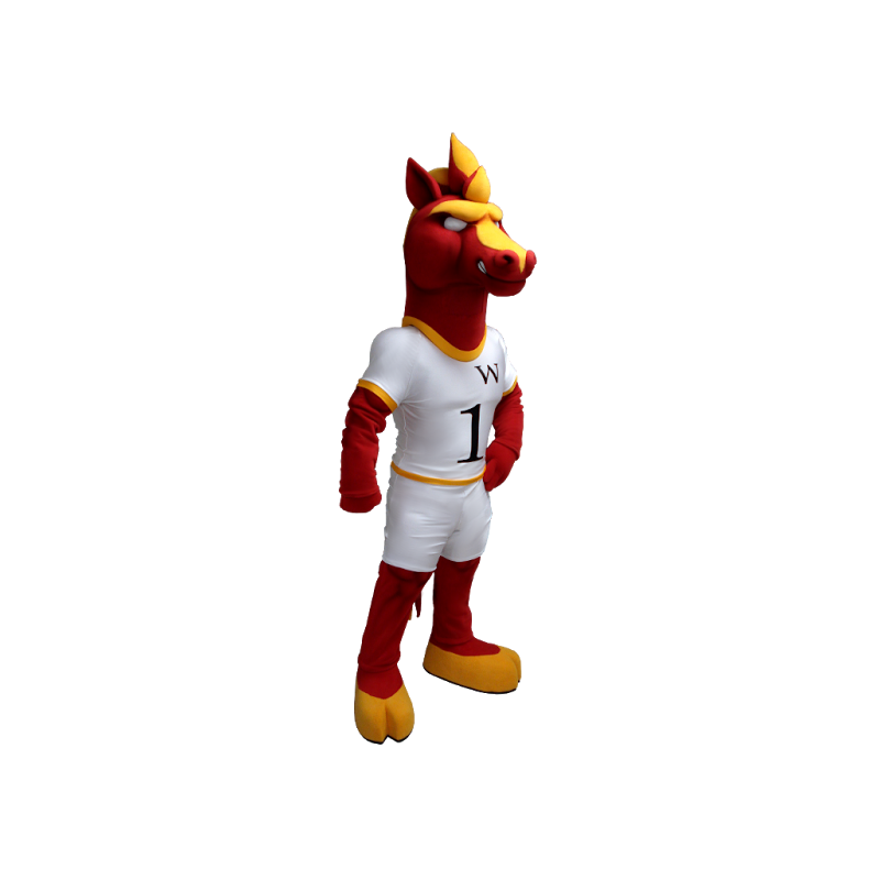 Maskot červená a žlutá kůň v bílých šatech - MASFR20422 - kůň maskoti Maskot červená a žlutá kůň v bílých šatech - MASFR20422 - kůň maskoti